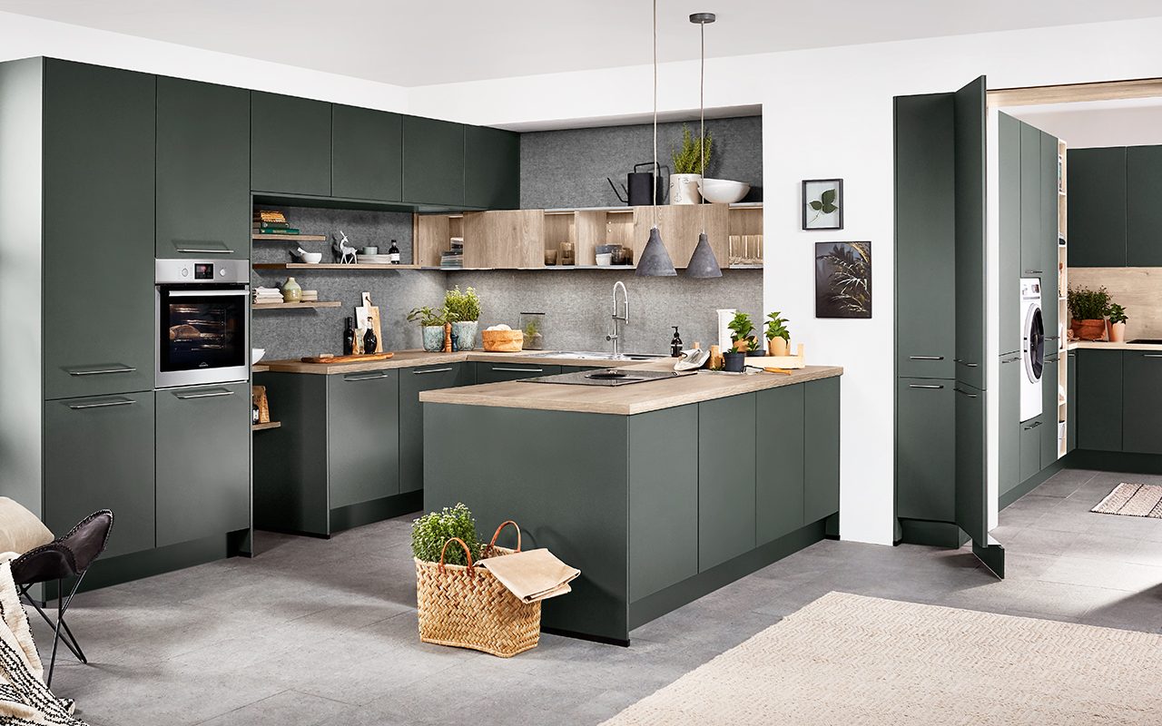 wood brown and matt green accent modern kichen